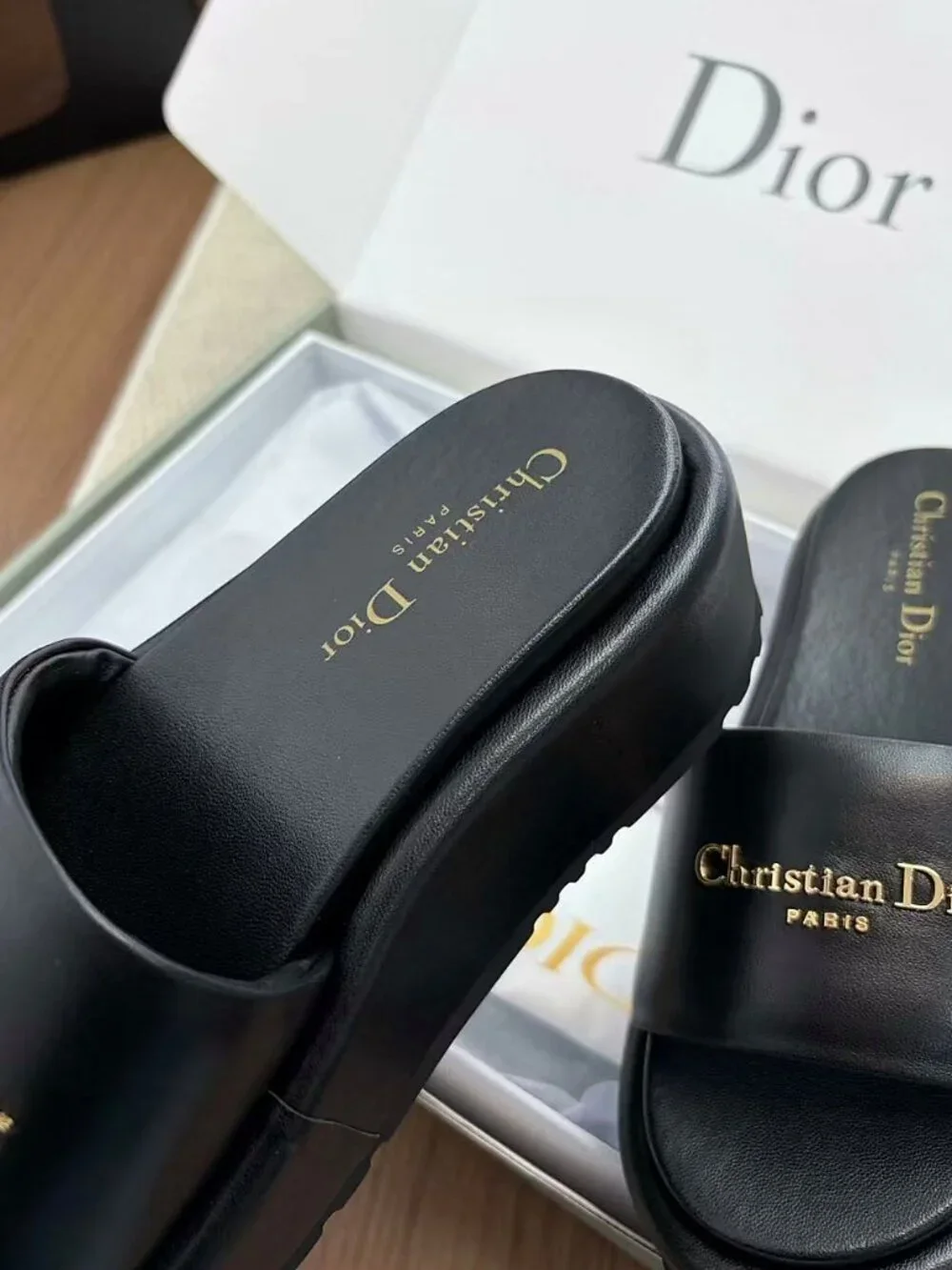 Christian Dior Black Calfskin Gold Logo Platform Slide Sandals